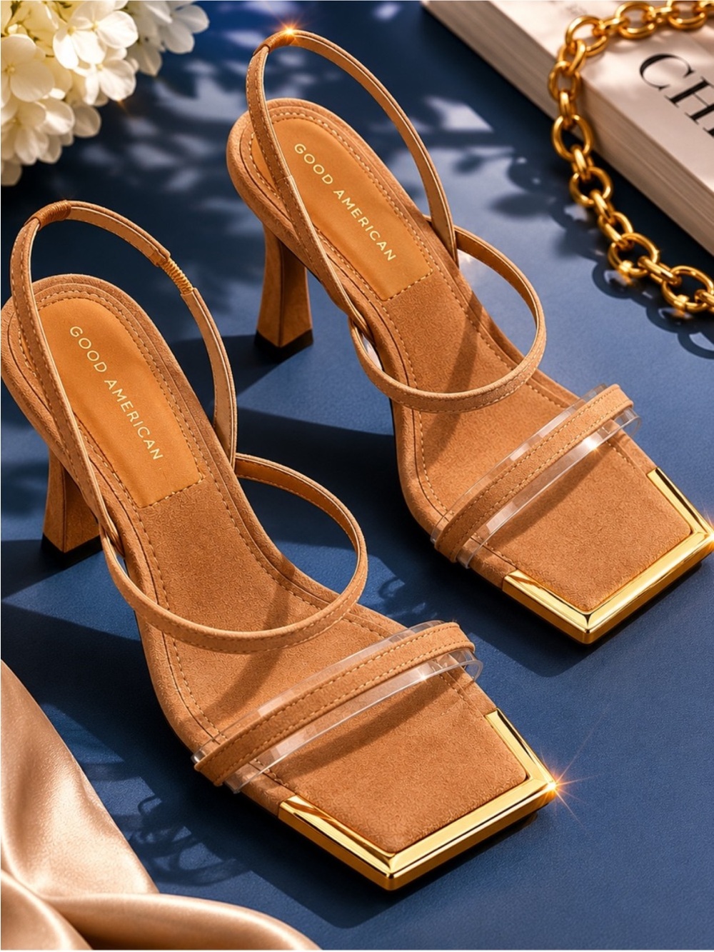 Good American Stand Out Tan Suede Heeled Sandals with Gold Accent
